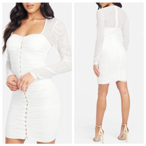 Bebe Ruched Long Sleeve Bodycon Mini Dress XXS White Front Closure Sexy Bridal
